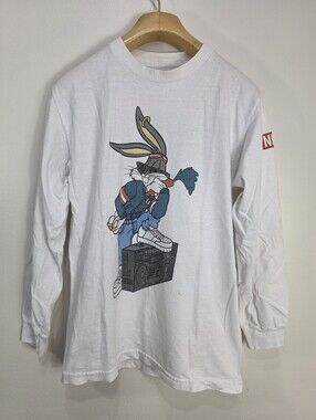 Neff White Long-Sleeve Tee with Cartoon Bunny Boombox Graphic